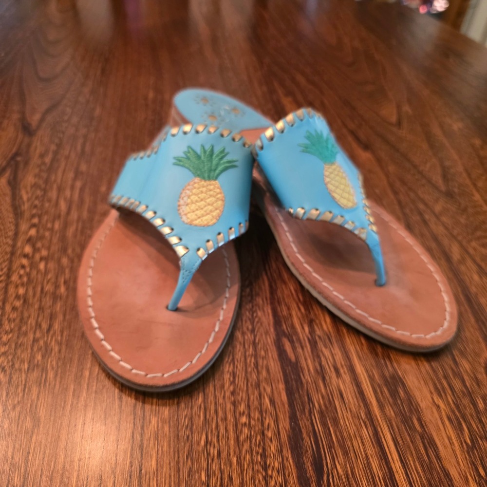 Jack Rogers Jacks Flat Sandals Light Blue Leather Embroidered Pineapple 9.5